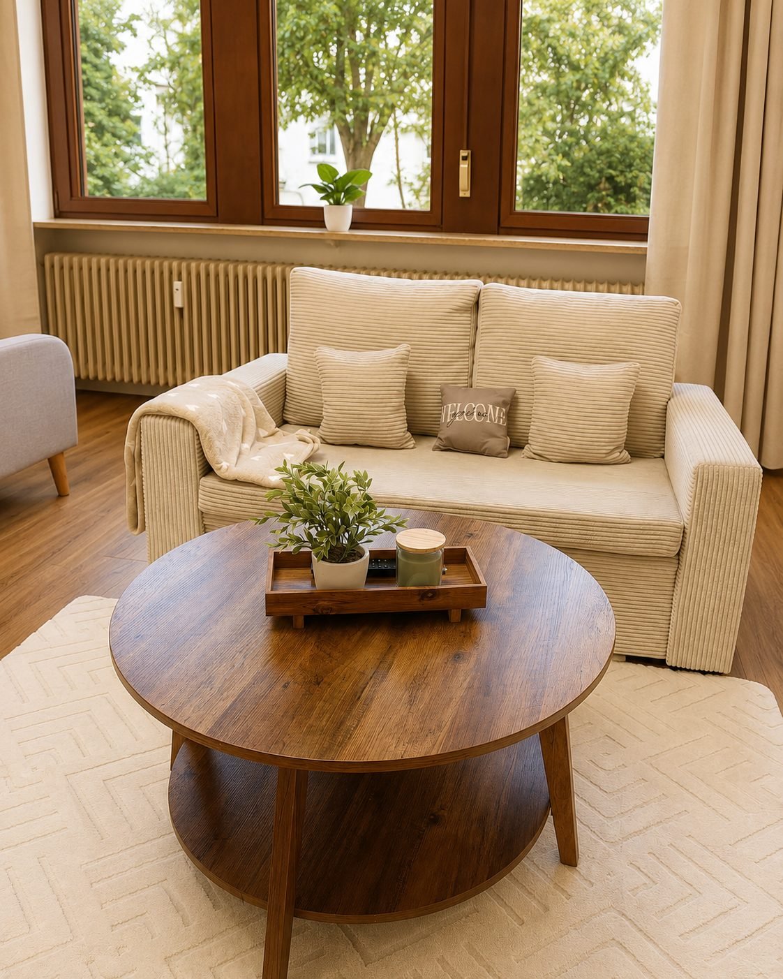 Cordsofa vor drei Fenstern mit rundem Couchtisch